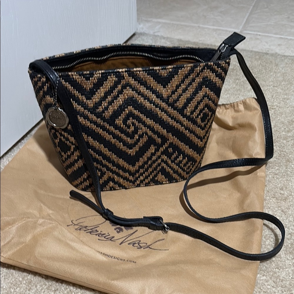 Patricia Nash 10th Anniversary Black and Tan Woven Raffia Bag